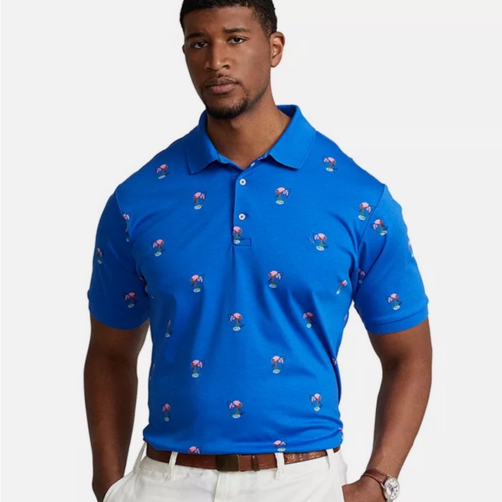 Polo Ralph Lauren Blue Flamingo Fishing Printed‎ Cotton Short Sleeve Polo Shirt